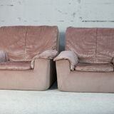 Cinna, pair of armchairs foam and velvet ras pink pale, France, circa 1970