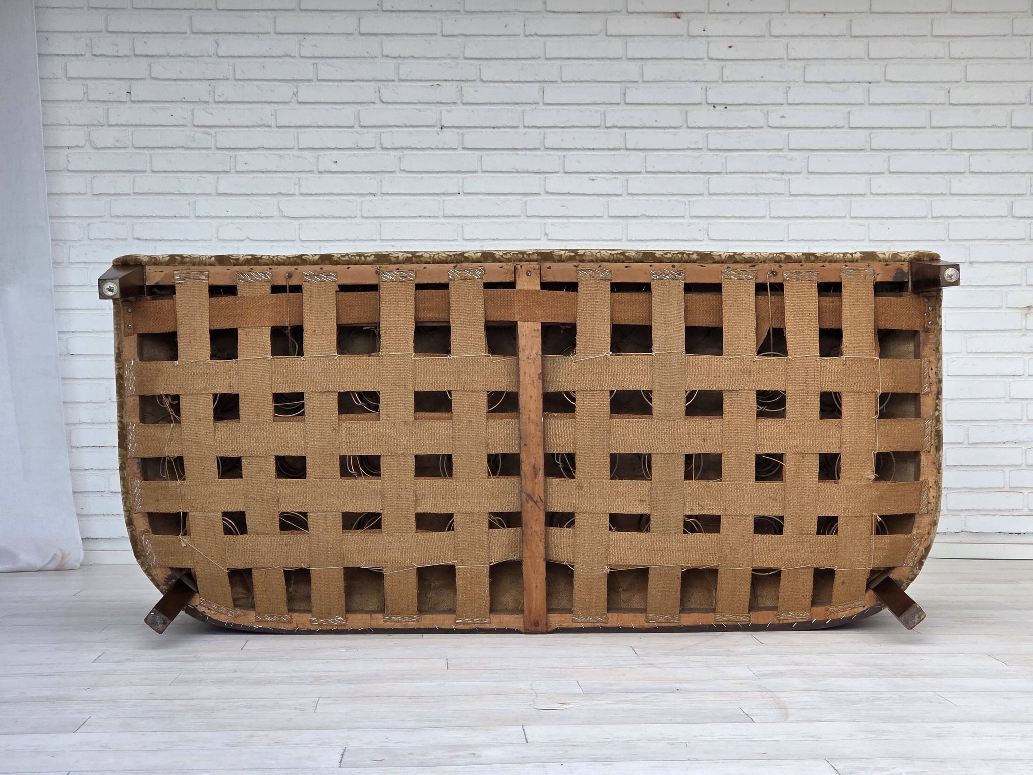 1960s, 3-seater Danish sofa, green furniture velour, ash wood legs.