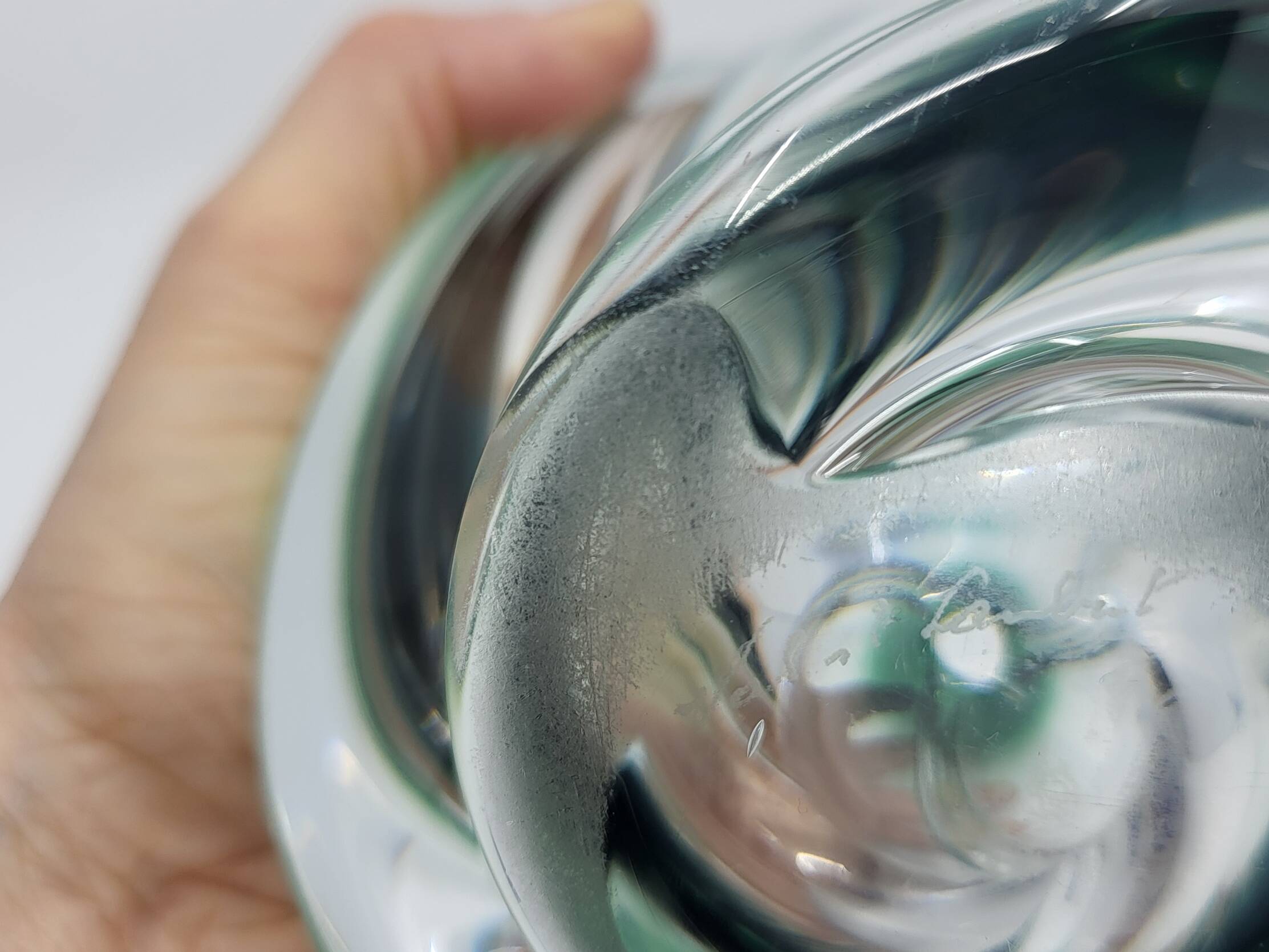 Vintage Val St Lambert green blown glass ovoid vase, Belgium