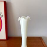 Slender serrated white opaline vase from the 50s and 60s