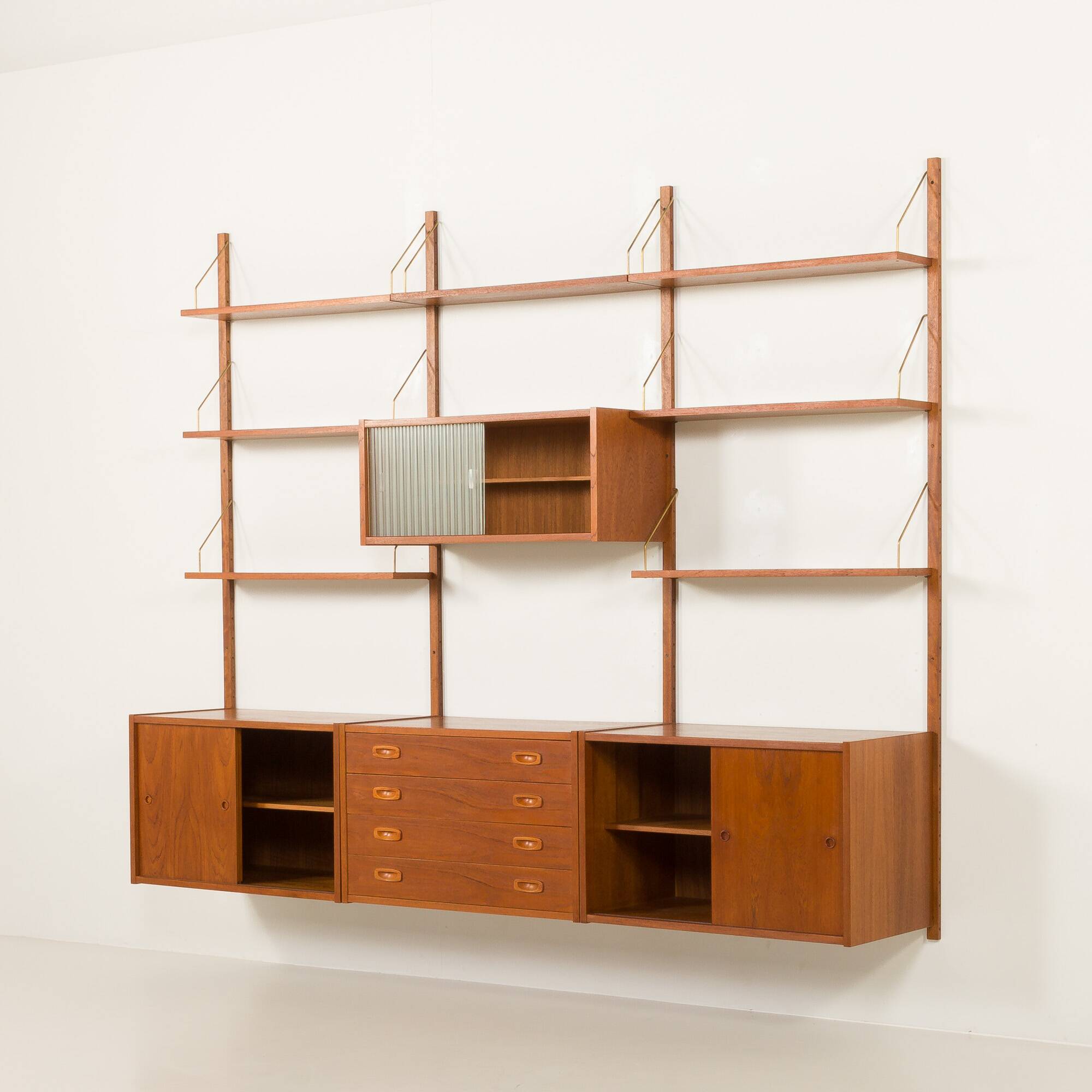 Preben Sorensen PS System three bay teak wall unit, Randers, Denmark 1960s
