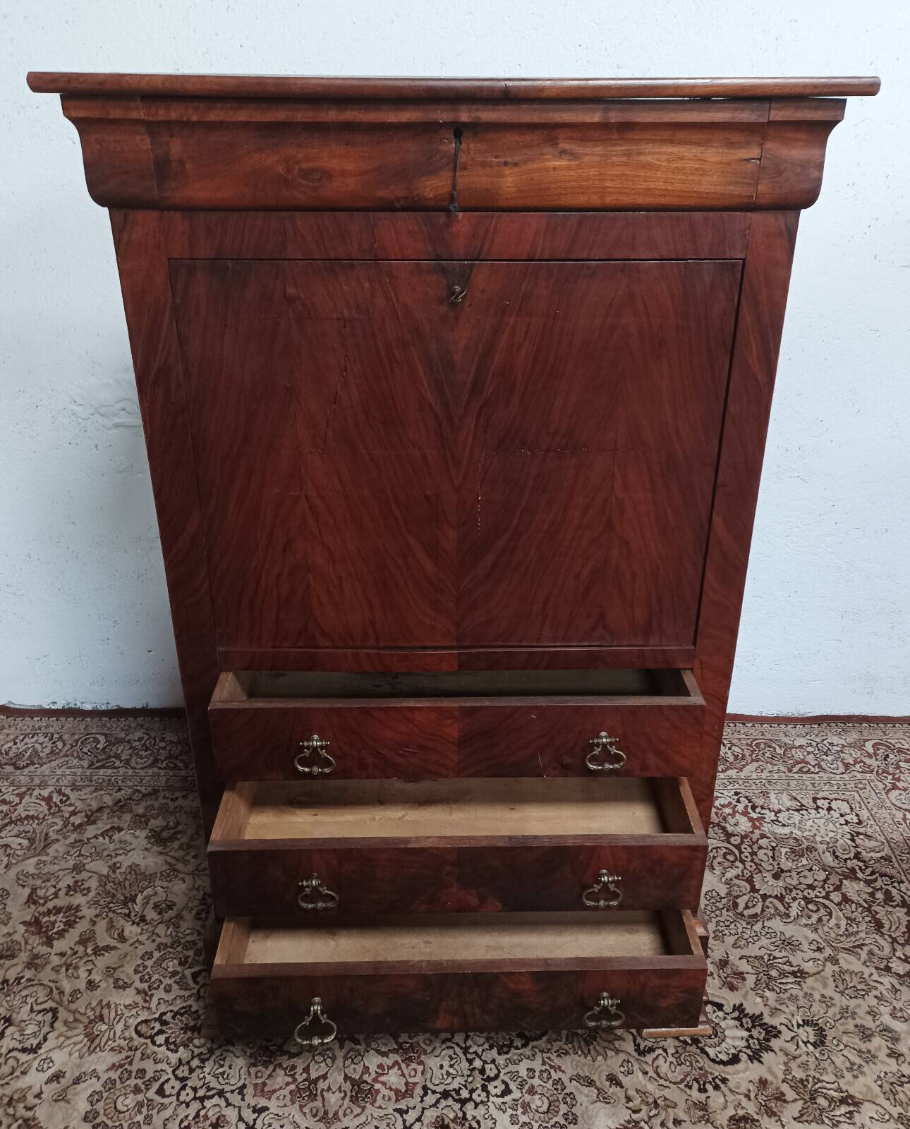 Louis Philippe secretary in oak and walnut burl.