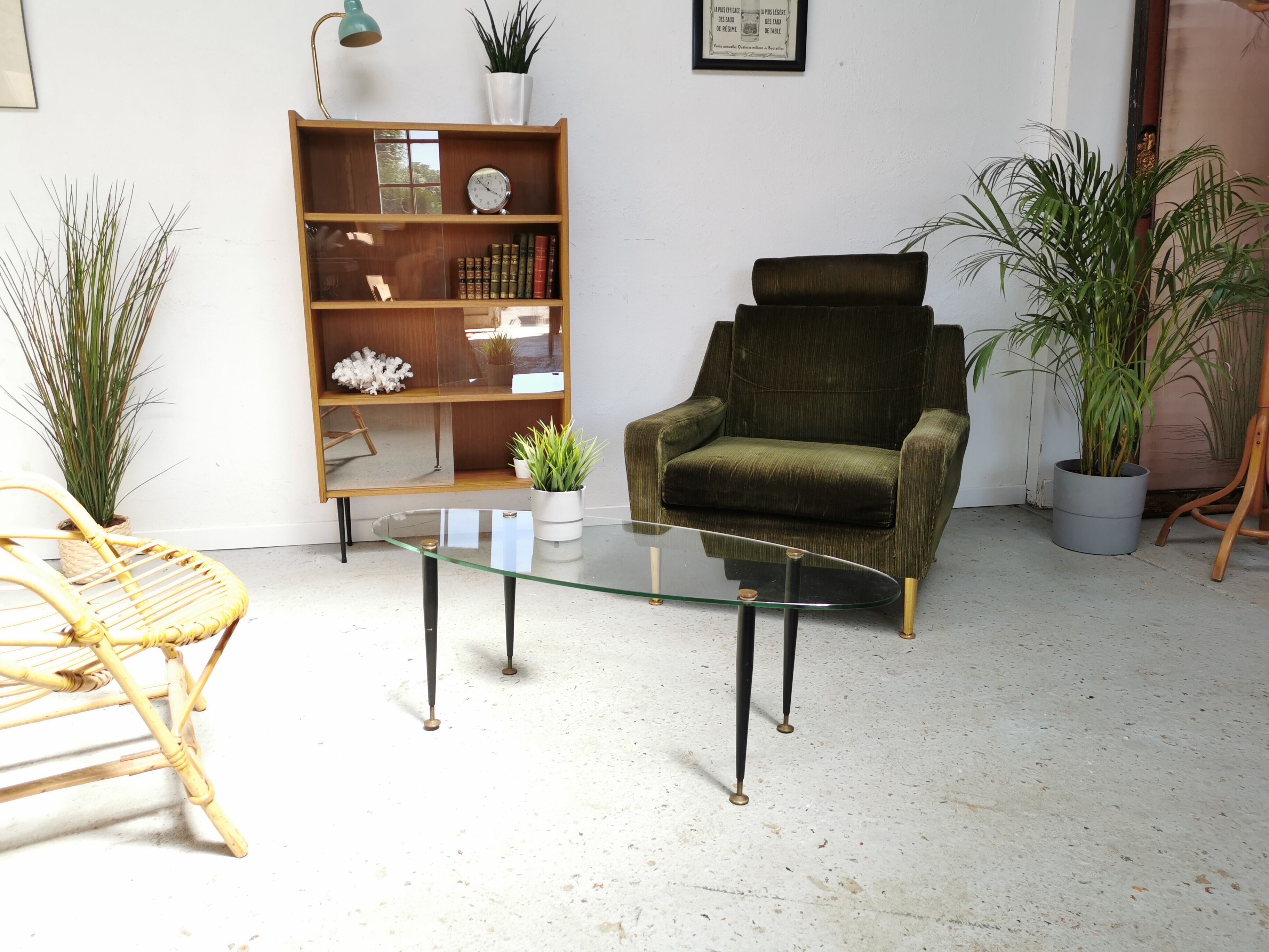 Table basse vintage 1950 verre métal et laiton