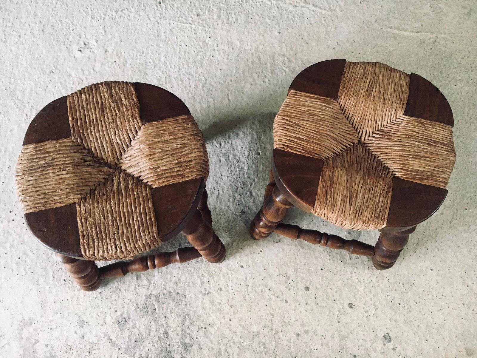 Rustic Low Oak and Rush Stools in the style of Charles Dudouyt, France, 1940s, Set of 2