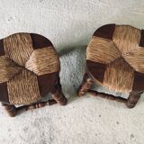 Rustic Low Oak and Rush Stools in the style of Charles Dudouyt, France, 1940s, Set of 2