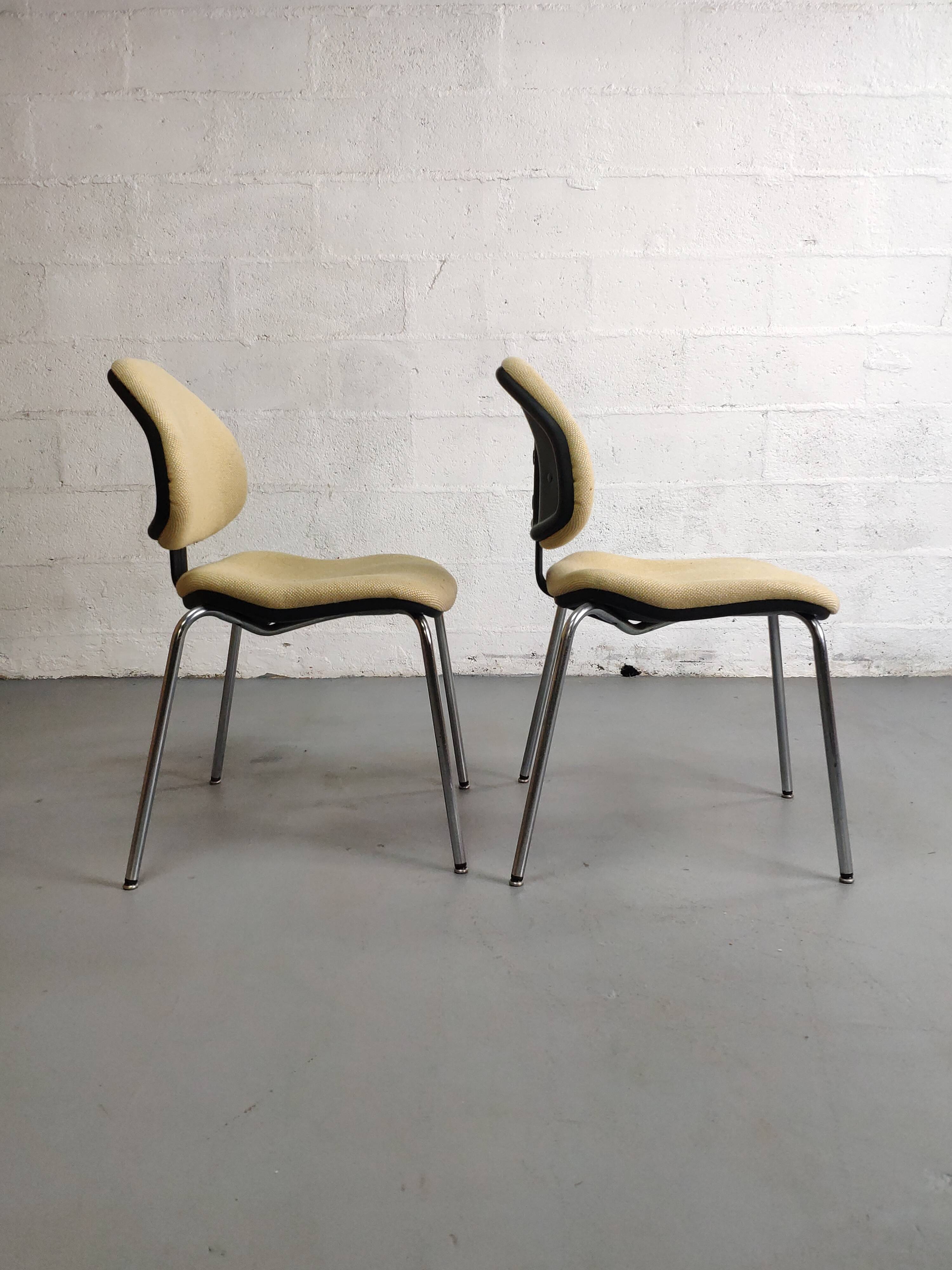 Pair of vintage chrome office chairs and beige fabric circa 70