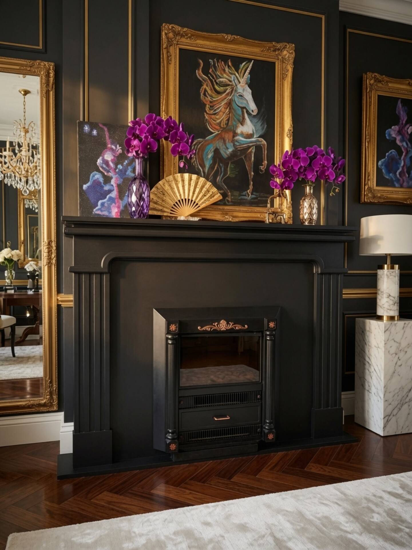Luxury electric fireplace and classic black mantel suite