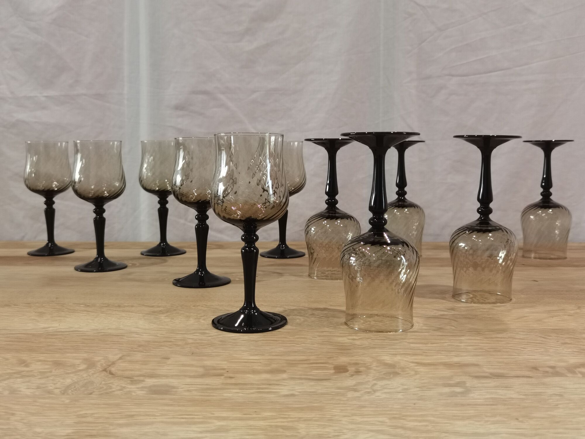 11 vintage black foot smoked twisted water glasses