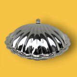 Vintage silver-plated metal and glass shell butter dish with knife