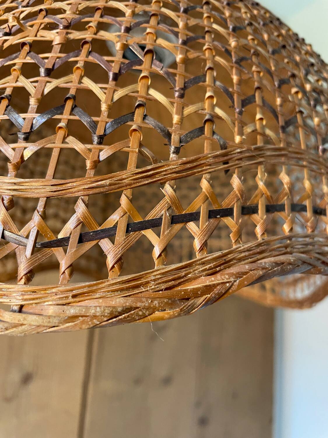 Vintage caned rattan pendant lamp 1970.