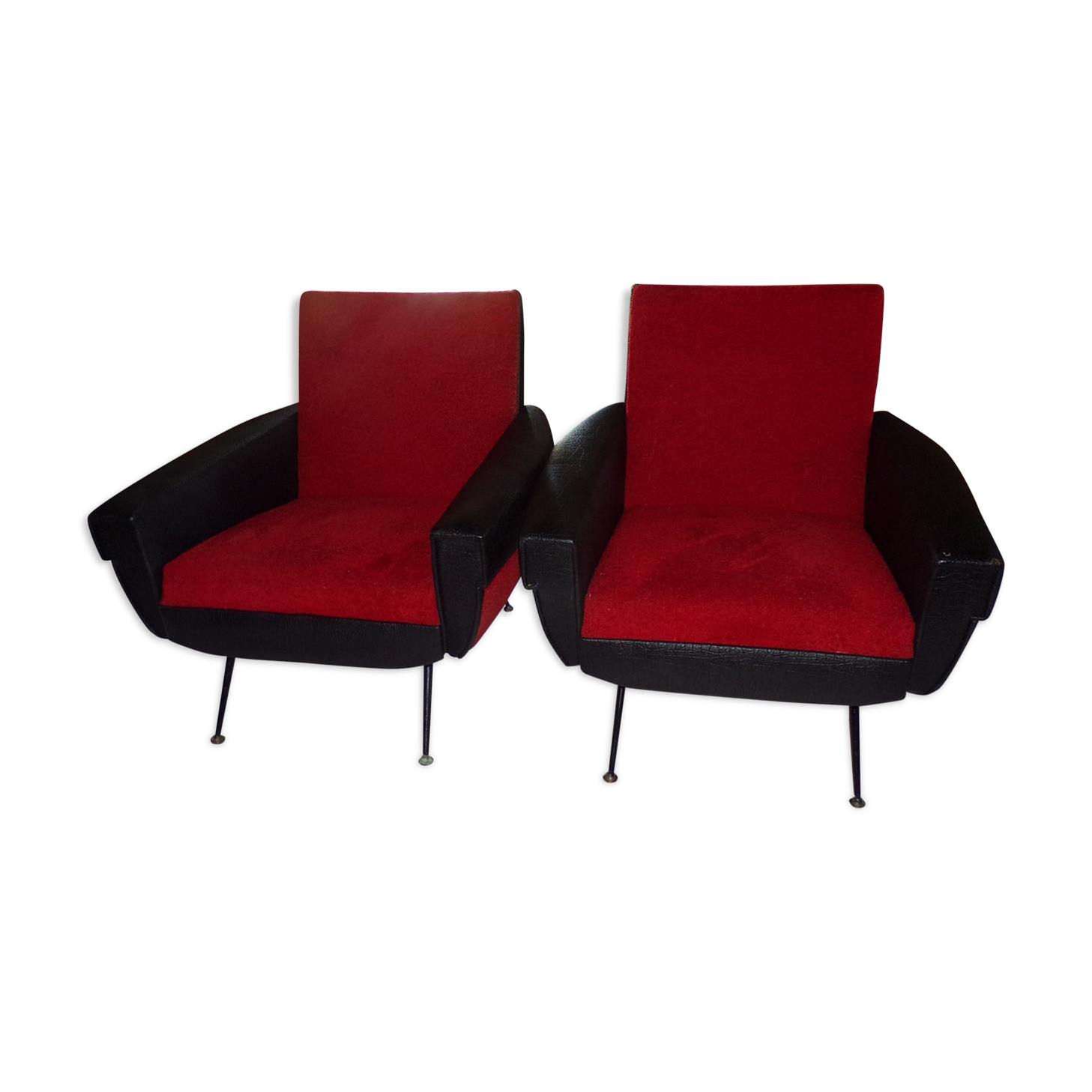 Armchairs skai black and red fabric vintage 70