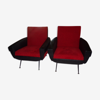 Fauteuils skai noir et tissus  rouge vintage 70