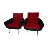 Fauteuils skai noir et tissus  rouge vintage 70