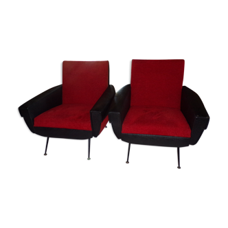 Armchairs skai black and red fabric vintage 70