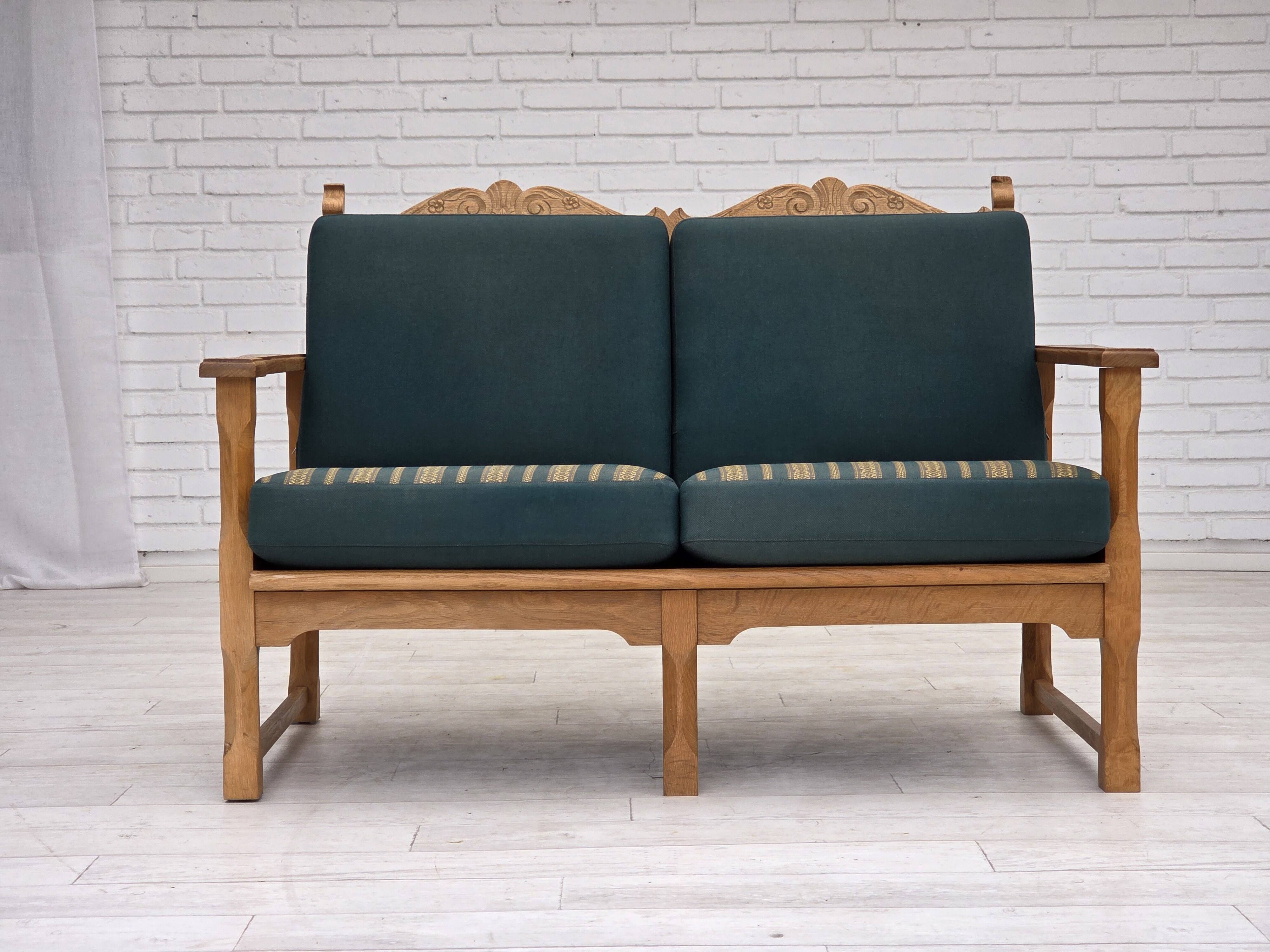 1970s, Scandinavian 2-seater sofa, furniture wool, solid oak wood.