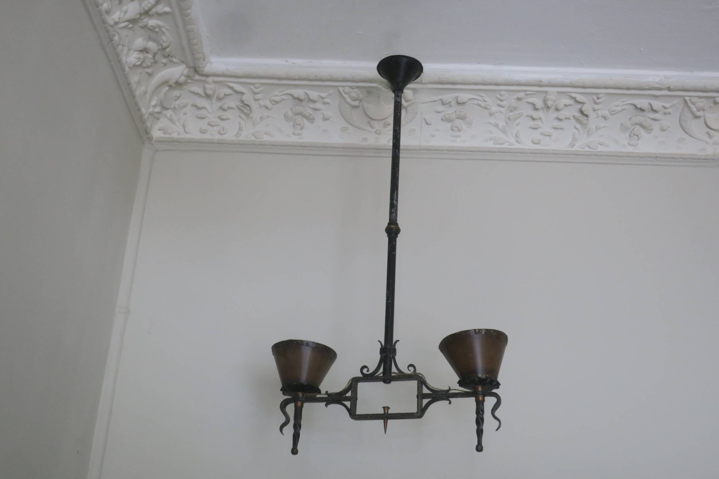 Brutalist wrought iron and copper 2-arm chandelier, 1960s