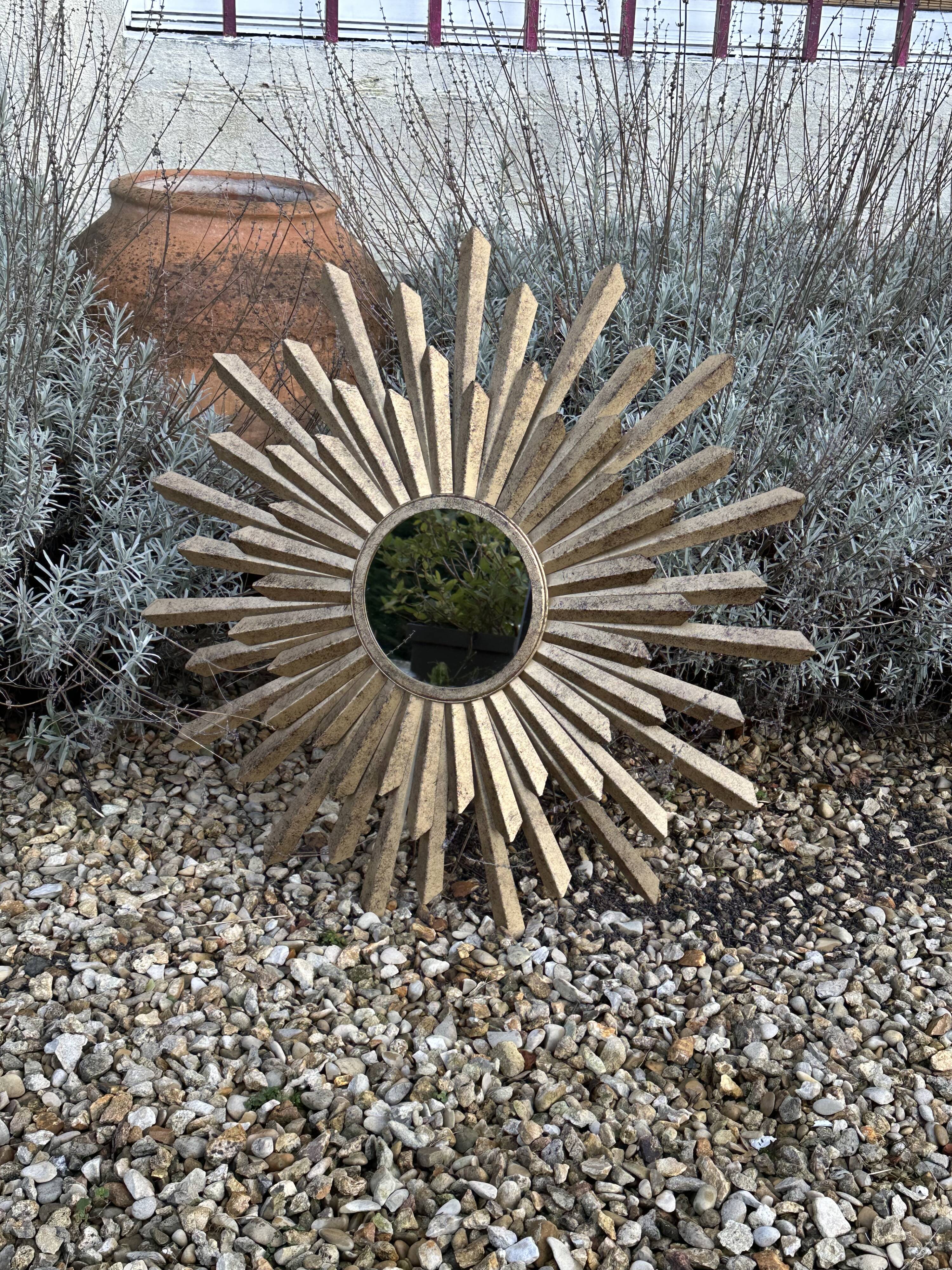 Sun mirror in patinated gold metal from the 2000s Diam 76 cm