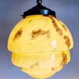 Lampe à suspension art déco en glaçure opaline, gemarmerd, messing, jaren 1930