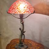 bronze lamp in Art Nouveau style from 1975 to 1985 with a high-quality glass shade