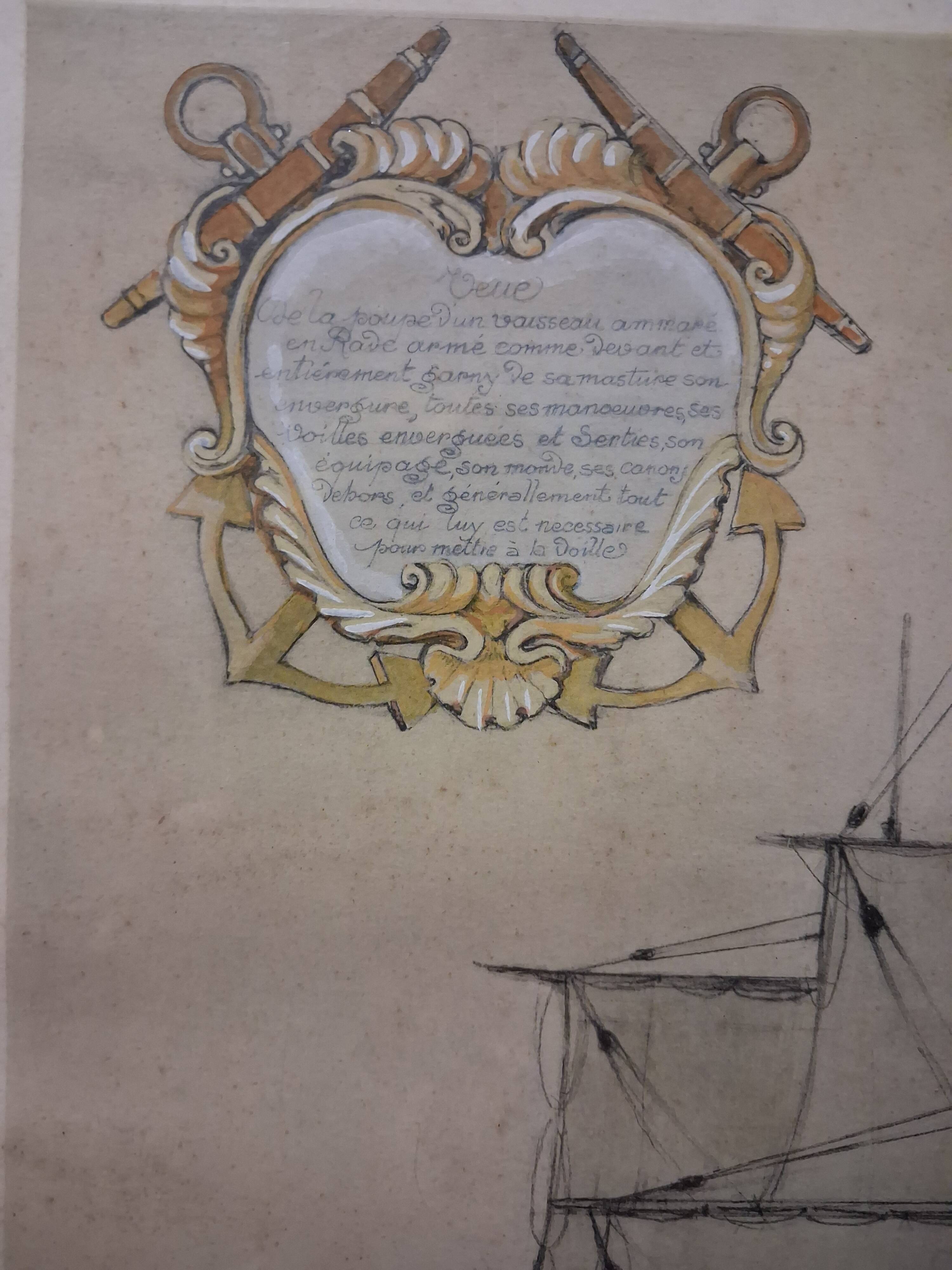 Drawing of an 18th-century ship, enhanced impression with gouache, Durand-Chapron.