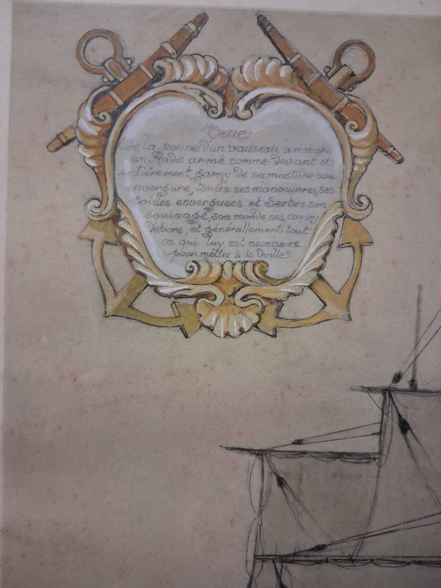 Drawing of an 18th-century ship, enhanced impression with gouache, Durand-Chapron.