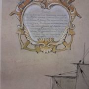 Drawing of an 18th-century ship, enhanced impression with gouache, Durand-Chapron.