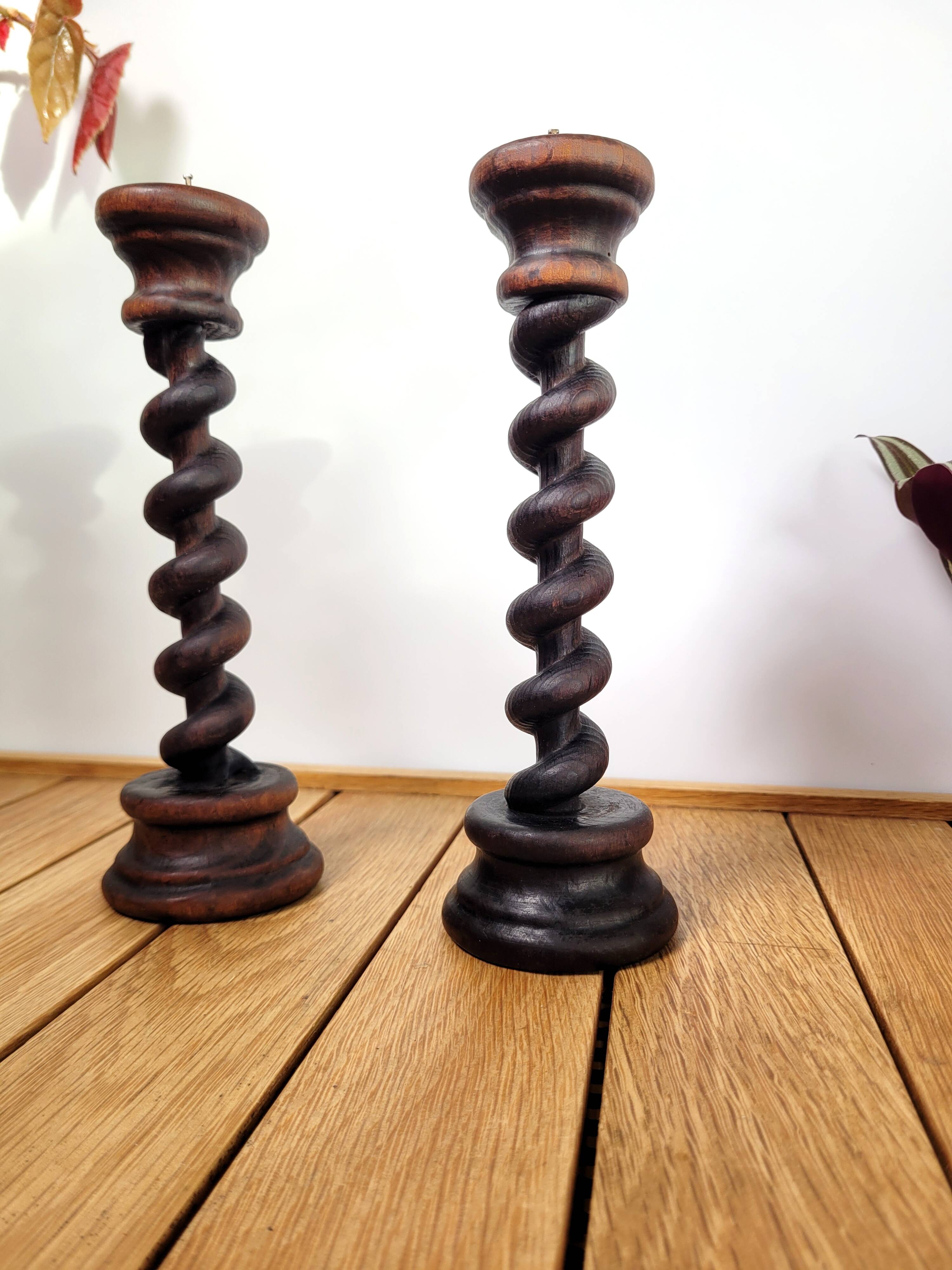 Pair of old turned wooden candlesticks