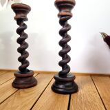 Pair of old turned wooden candlesticks