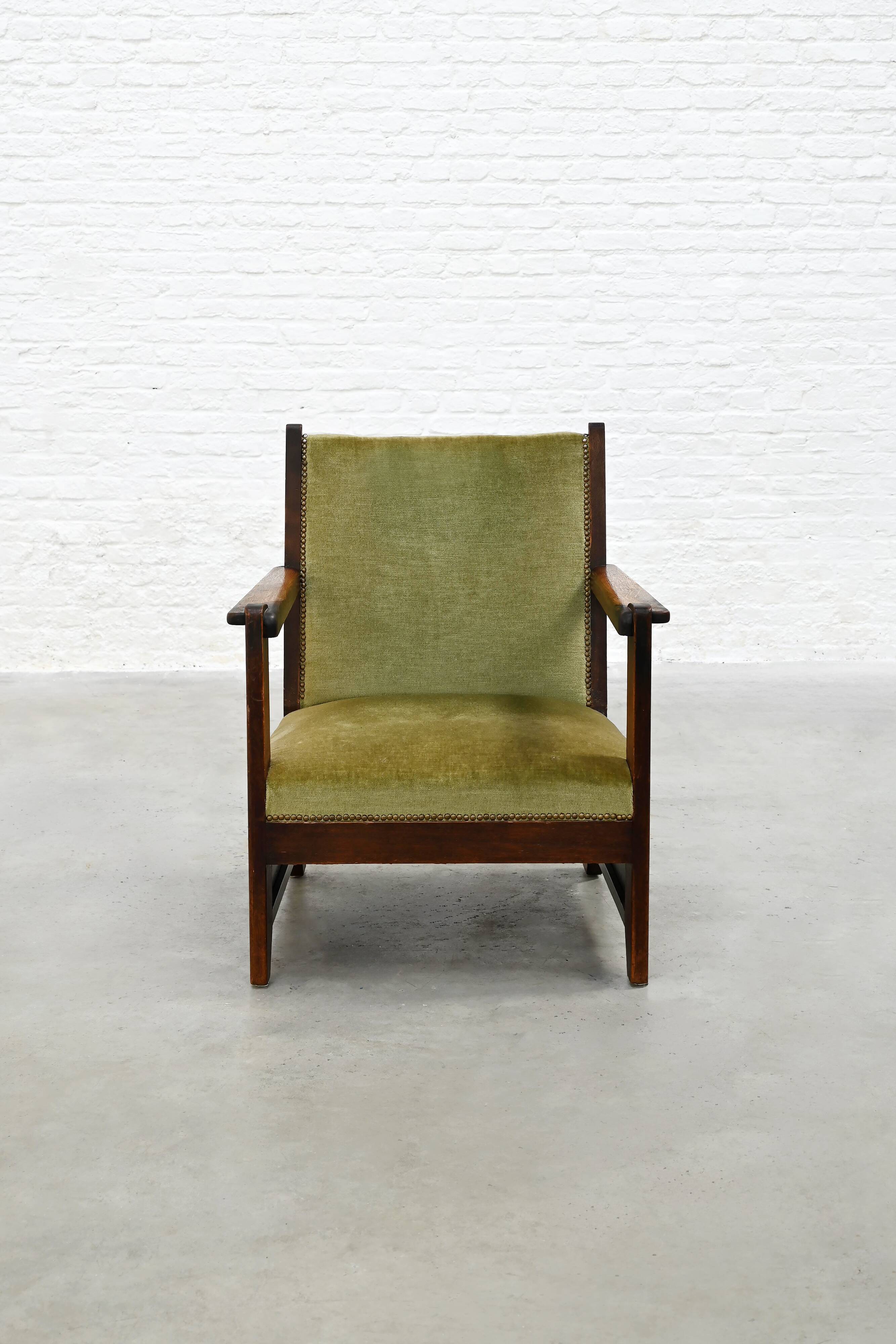 Hague School Sculptural Armchair, Stained Oak, The Netherlands, 1920s