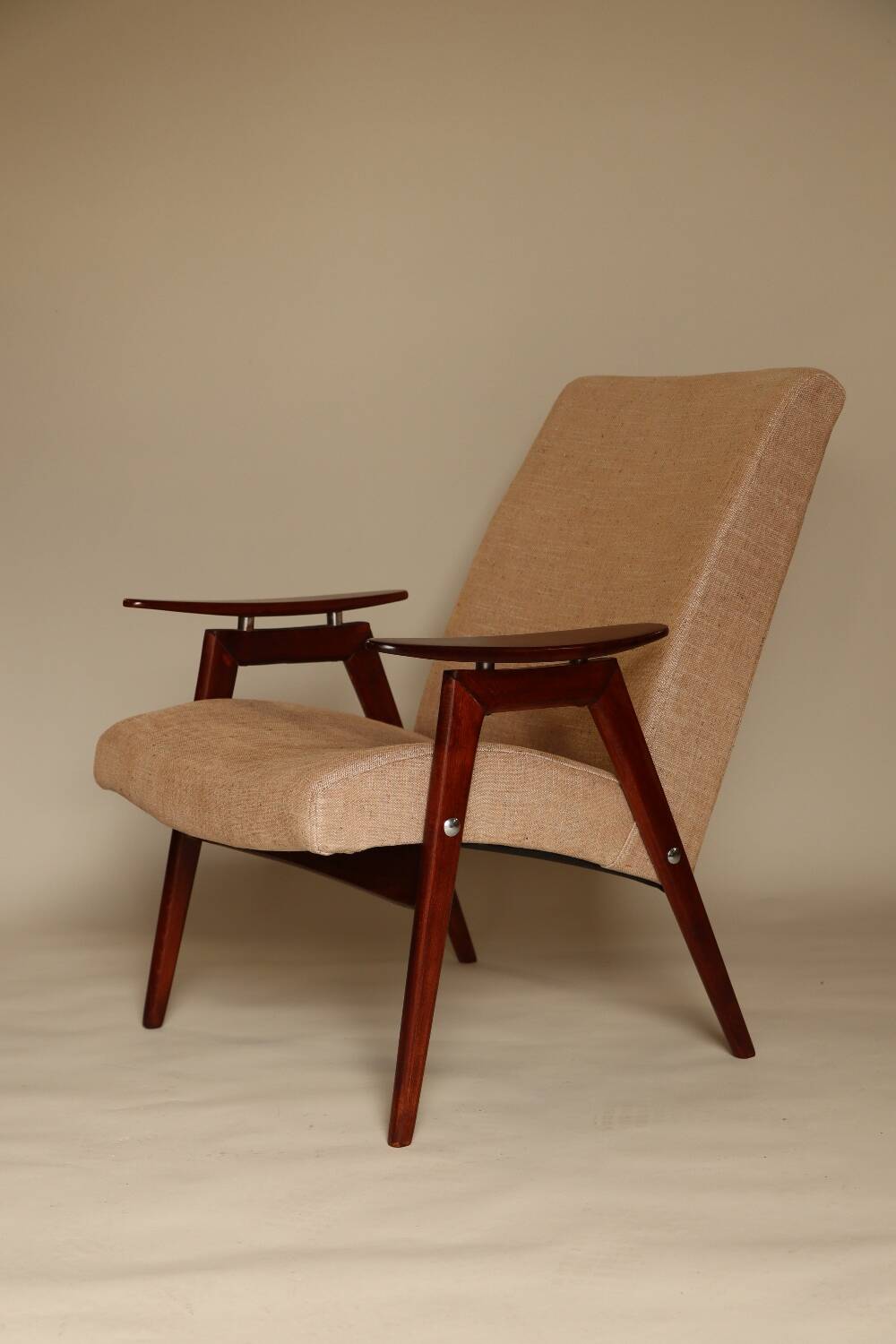 Vintage armchair design by J. Smidek mid century modern design chair tissu beige