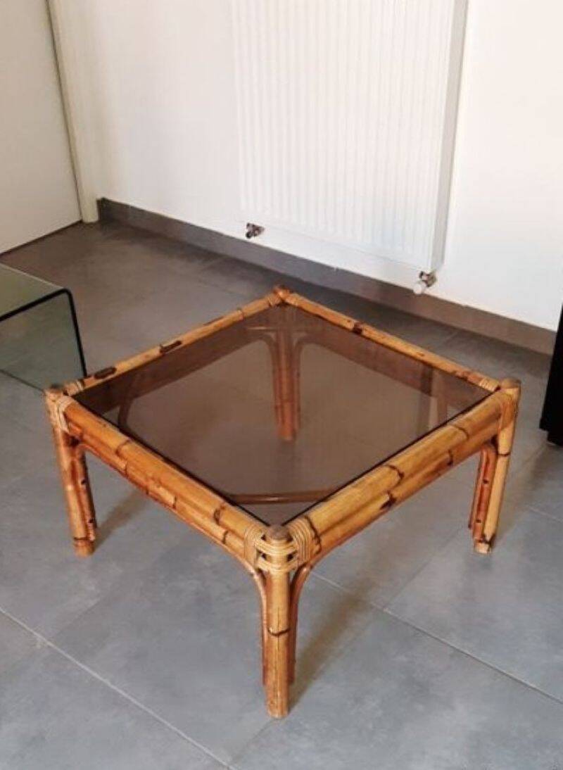 Vintage coffee table, rattan, bamboo and glass in the style of Vivai del Sud.