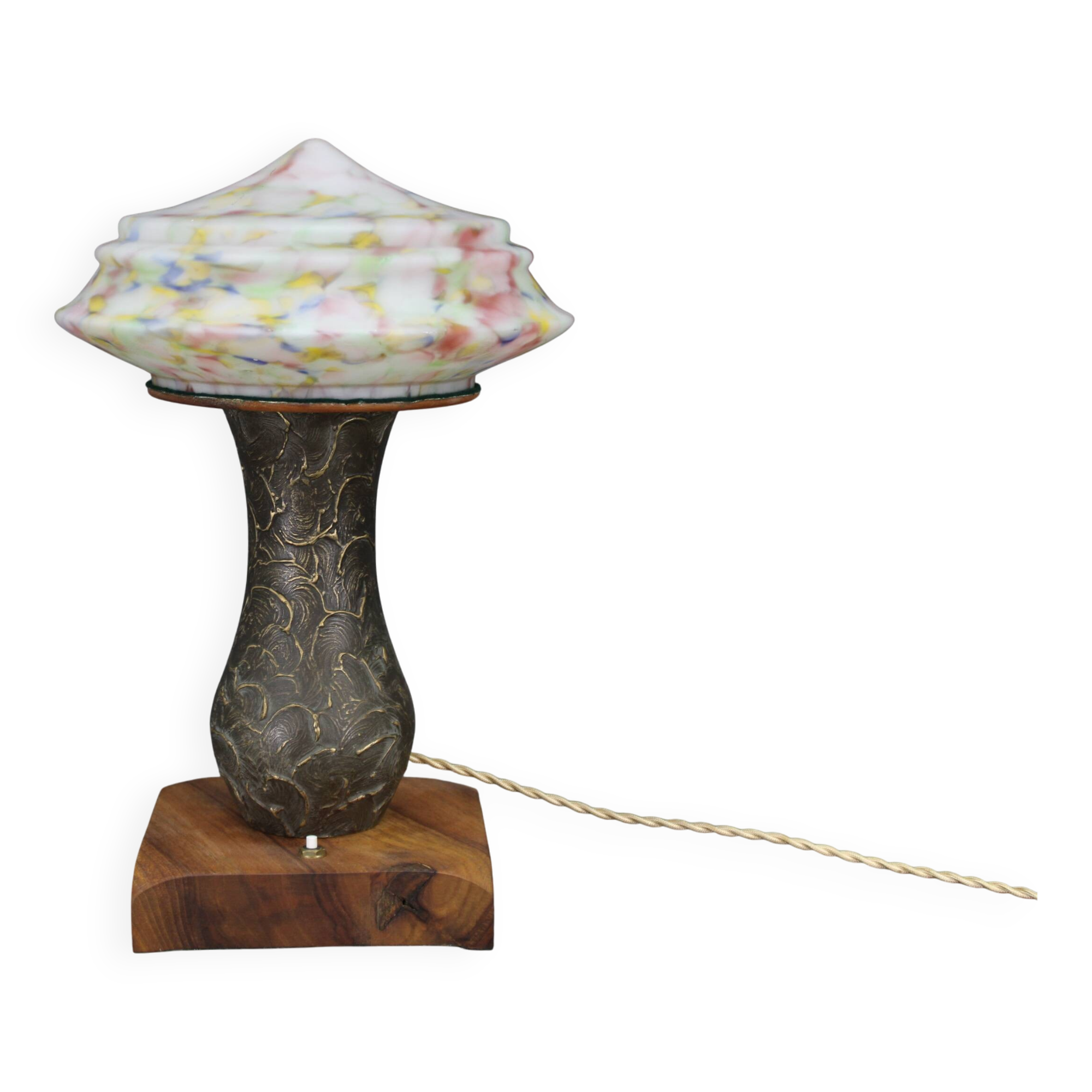 1940s restored brass table lamp with wooden base and glass shade