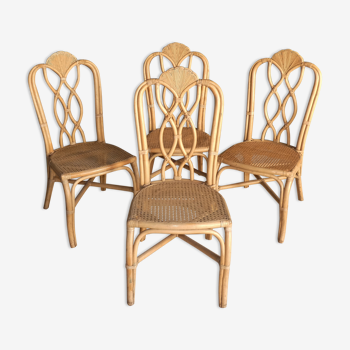 Ensemble de 4 chaises en bambou et  rotin motif lotus dossier circa 1960