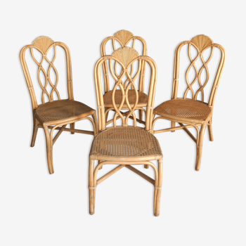 Set of 4 bamboo chairs and rattan motif lotus dossier circa 1960