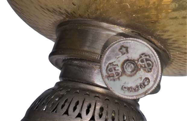 Electrified kerosene lamp art-deco- regulated silver and tinted glass with its original lampshade