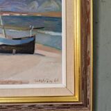 Mid-Century Modern Swedish "Calm Shore" Vintage Coastal Oil Painting, Framed
