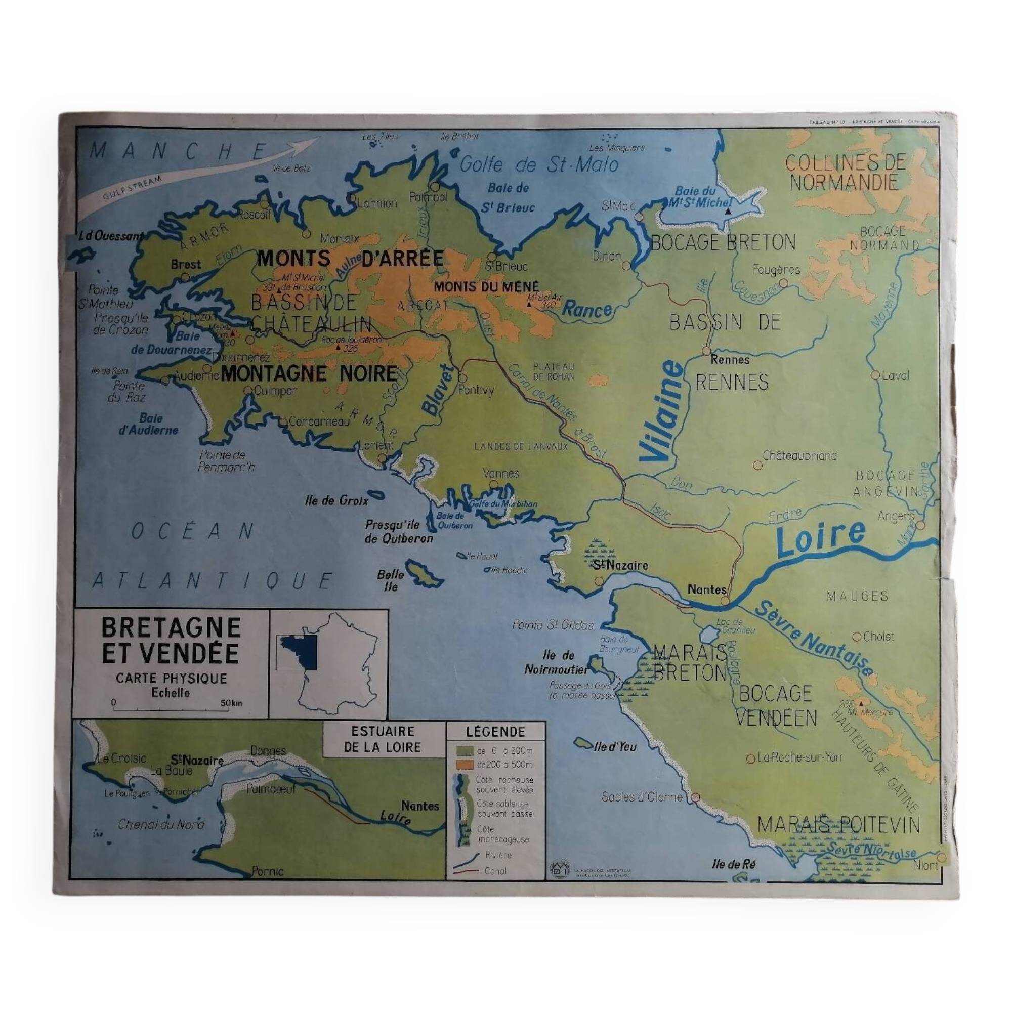 Vintage school map mdi france brittany, vendée, pays de la loire.
