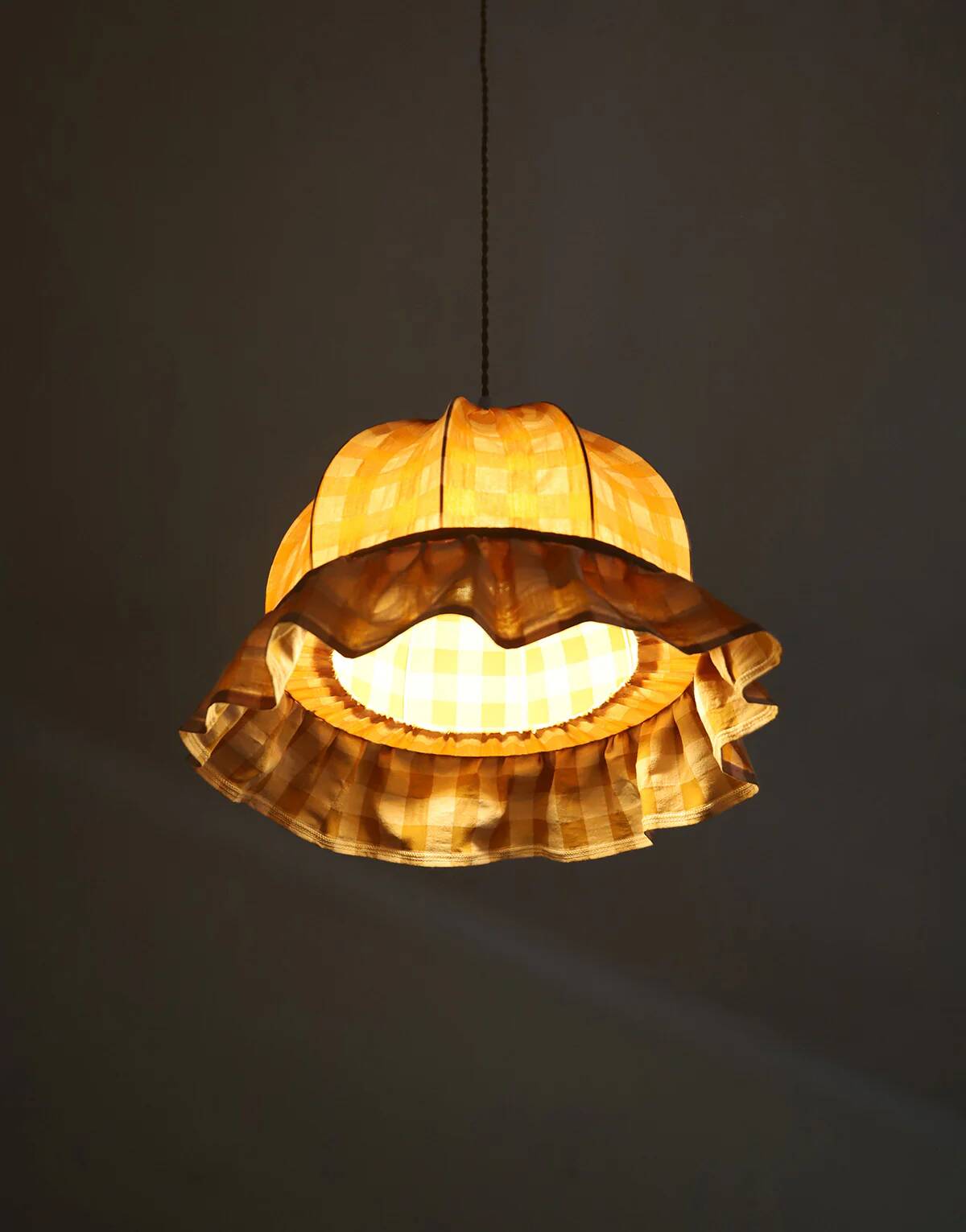 Vintage dome pendant light with ruffles "mustard gingham print"