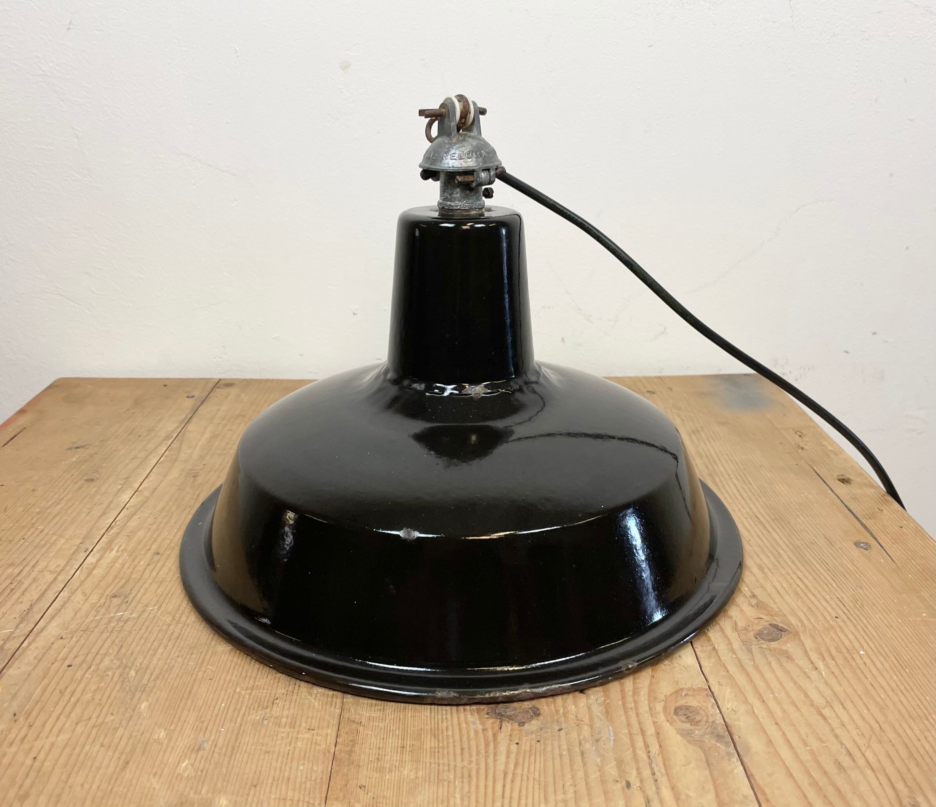 Industrial Black Enamel Hanging Lamp from Reluma, 1950s