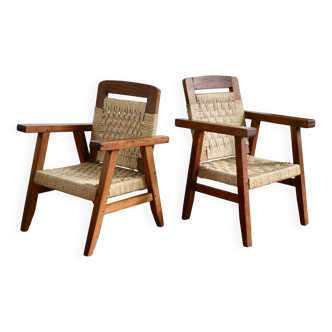 Pair of children's armchairs in rope, attributed to Audoux Minet.