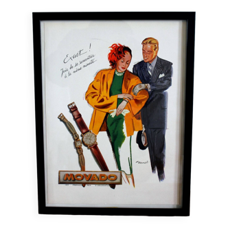 Affiche publicité montre Movado mode 1940 vintage