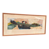 Œuvre d'art scandinave émaillée sur panneau, encadrée – Rivage par S. Rjellim