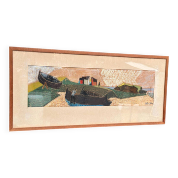 Original Scandinavian Artwork On Panel – Shore By S. Rjellim – Glazed – Signed – Vintage & Framed – 85 × 39 Cm (33.5" × 15.4")
