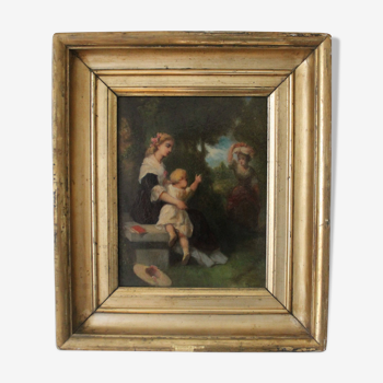 Jean-Baptiste Marie Fouque (1819 - 1880) "Walk in the garden" oil on panel