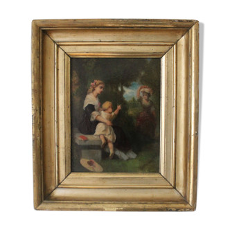 Jean-Baptiste Marie Fouque (1819 - 1880) "Walk in the garden" oil on panel