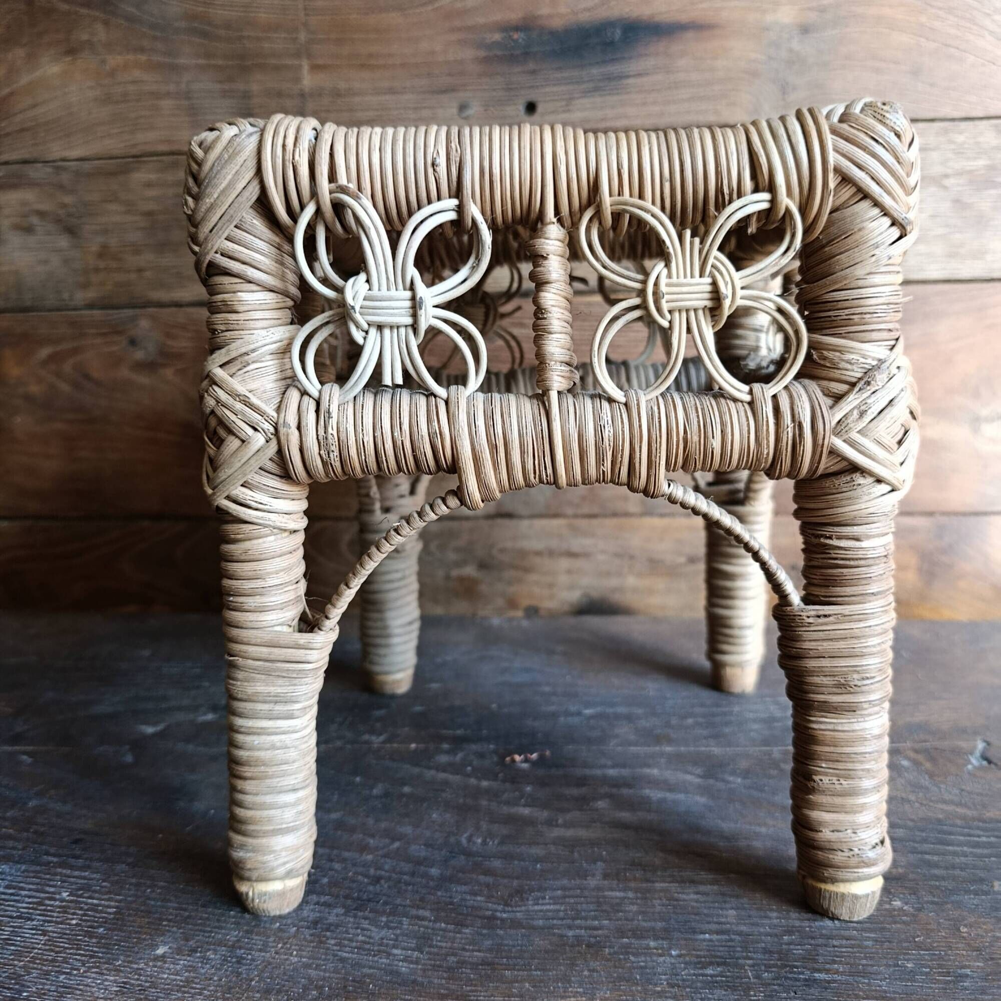 Vintage wicker stool, small woven rattan footstool and rustic plant stand