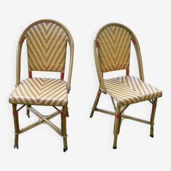 Pair of vintage yellow and red rattan chairs 1970-80 "La terrasse Limousine"