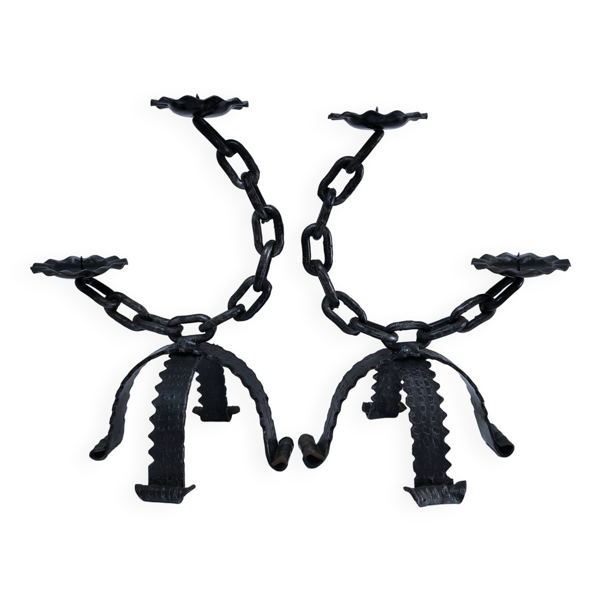 Pair of brutalist 60s metal chain candle holders