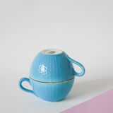 Pair of digoin sarreguemines cups textured sky blue and gold edging 1950
