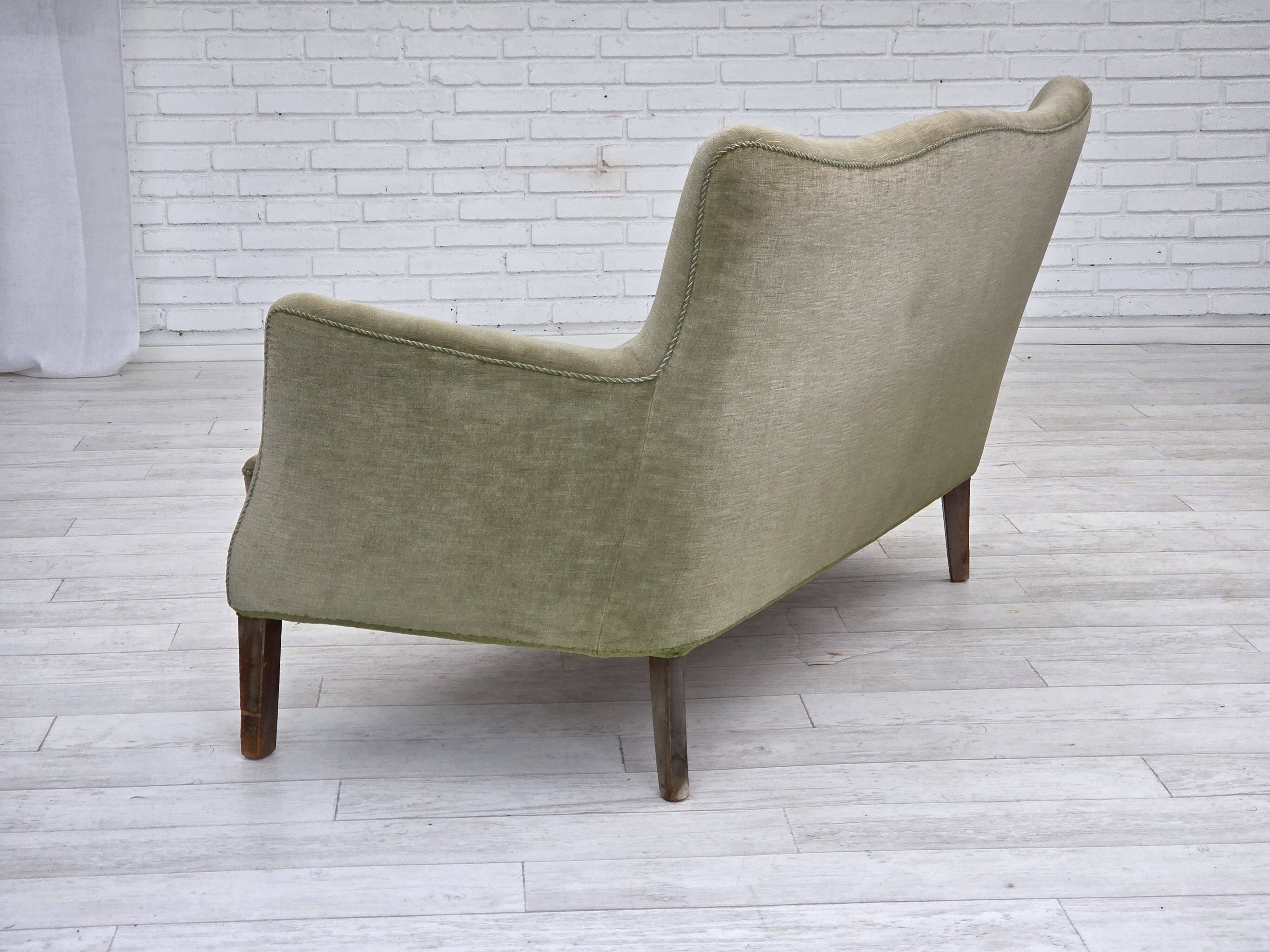1960s, Danish curved 2-seater sofa, furniture velour, beech wood.